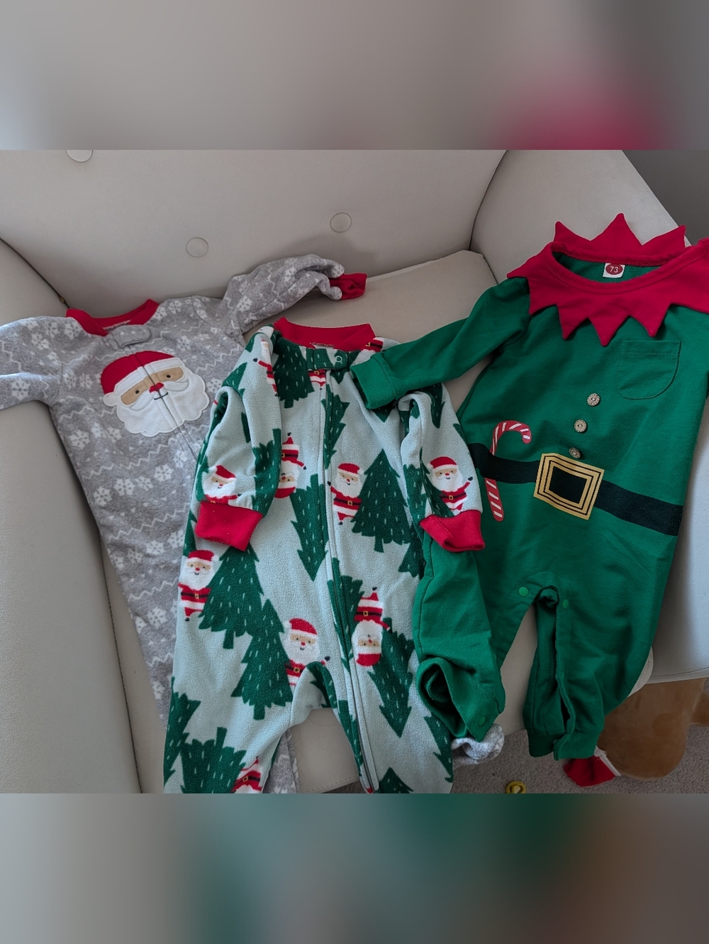 Baby Christmas Holiday Footed Pajamas Trio - Santa & Elf Prints